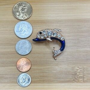 Sparkling Dolphin Brooch with Blue Enamel Rose Gold  1/2” x 1/2”